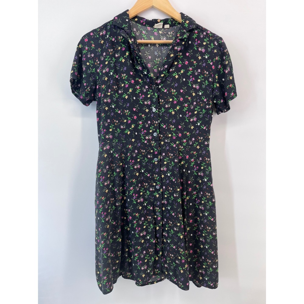 Black Ditsy Floral Button Down Mini Dress Short Sleeve Collared Wildflower Chic